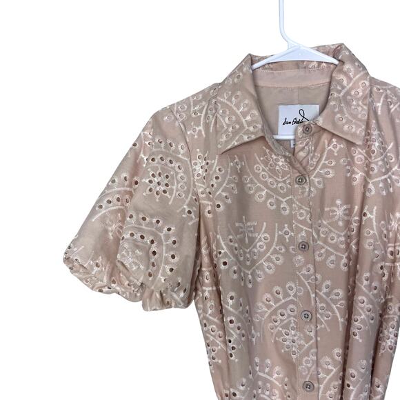 Sam Edelman Eyelet Shirt Dress Beige Puff Sleeve Belted Mini Dress Size 2 - Picture 3 of 10